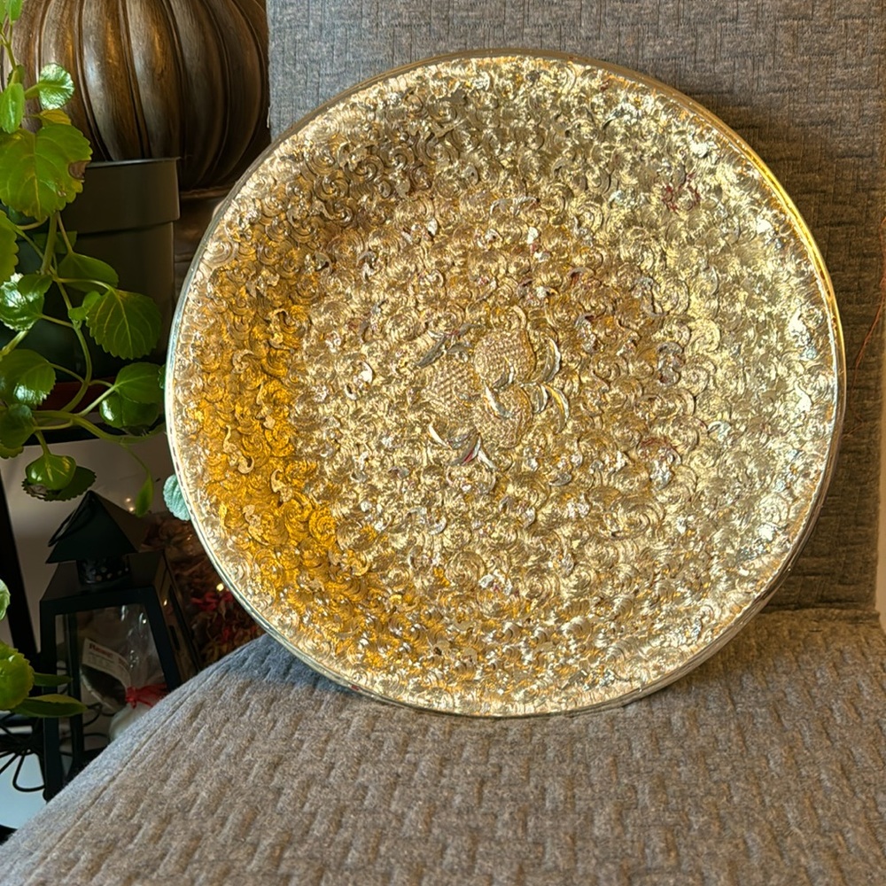 Antique decorative plate. Golden flowers. Size 34cm.
